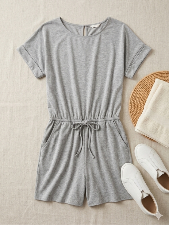 Zenana Outfitters Pants - ZENANA 1X Loungewear Grey Romper Elastic Waist Keyhole Back Short Sleeve Dress